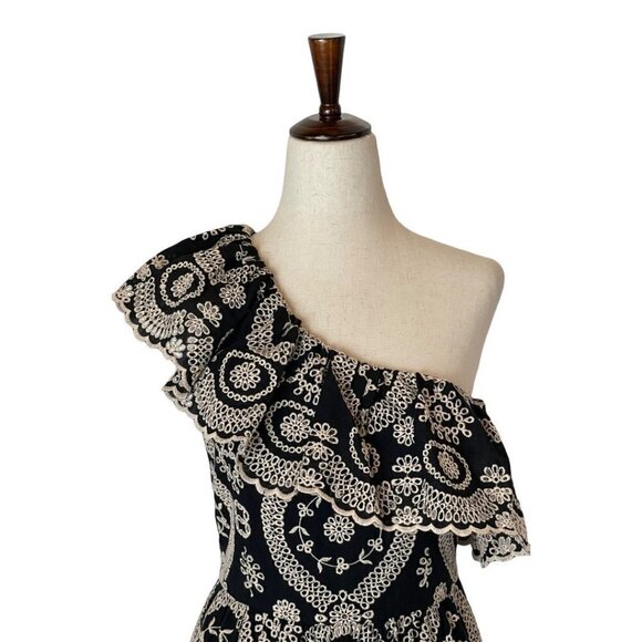 LoveShackFancy Black And Cream Pamela Asymmetric One Shoulder Flounce‎ Dress S - Picture 5 of 14